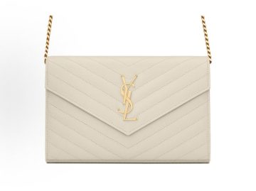 SAINT LAURENT Cassandre 复古白粒面皮革链条钱包