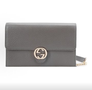 GUCCI Interlocking G 灰色皮革链条钱包