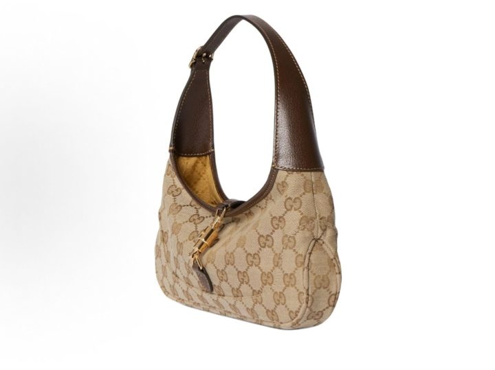 GUCCI古驰 Jackie Slim 徽标印花撞色设计 GG帆布 单肩包 小号 女款 沙色拼棕色 &middot; 3