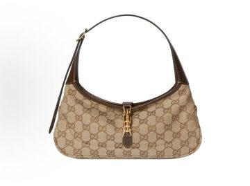 GUCCI古驰 Jackie Slim 徽标印花撞色设计 GG帆布 单肩包 小号 女款 沙色拼棕色
