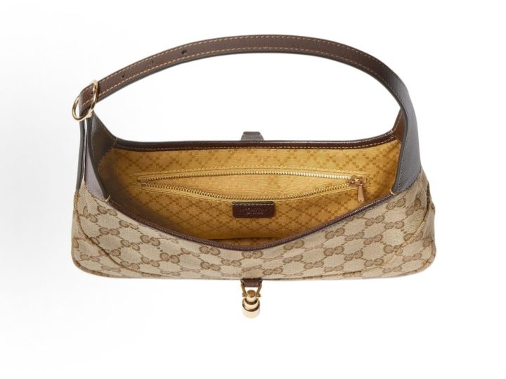 GUCCI古驰 Jackie Slim 徽标印花撞色设计 GG帆布 单肩包 小号 女款 沙色拼棕色 &middot; 5