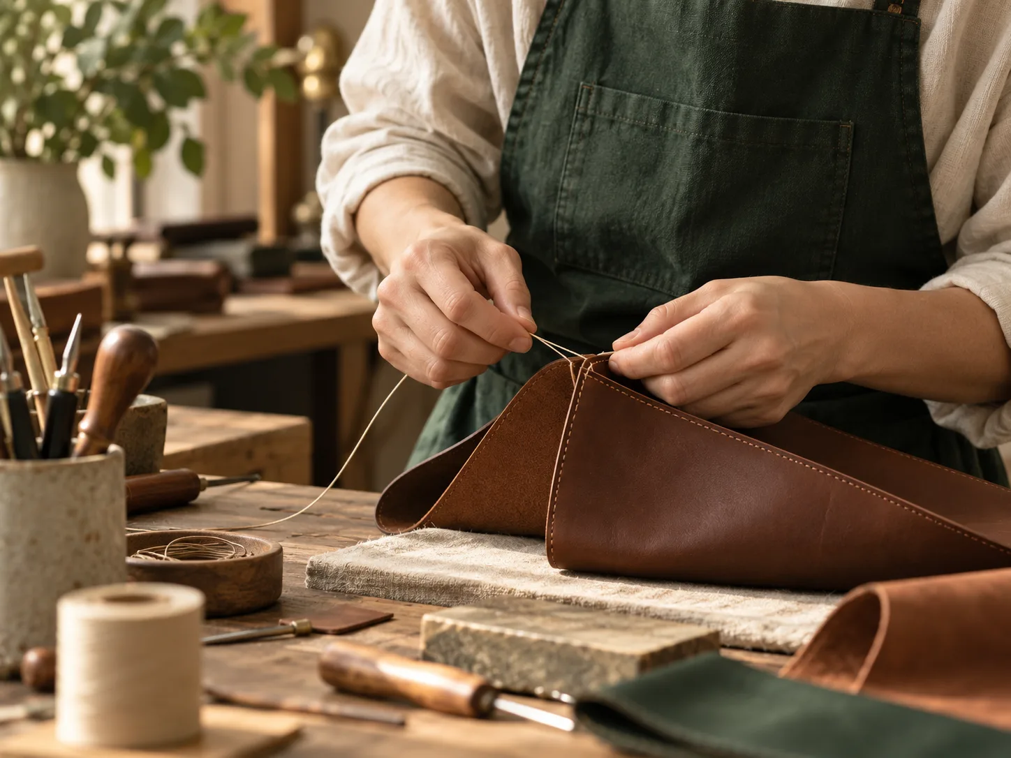 Checking a pre-owned bag inspection report against the item and order — AI editorial illustration · not a product photograph