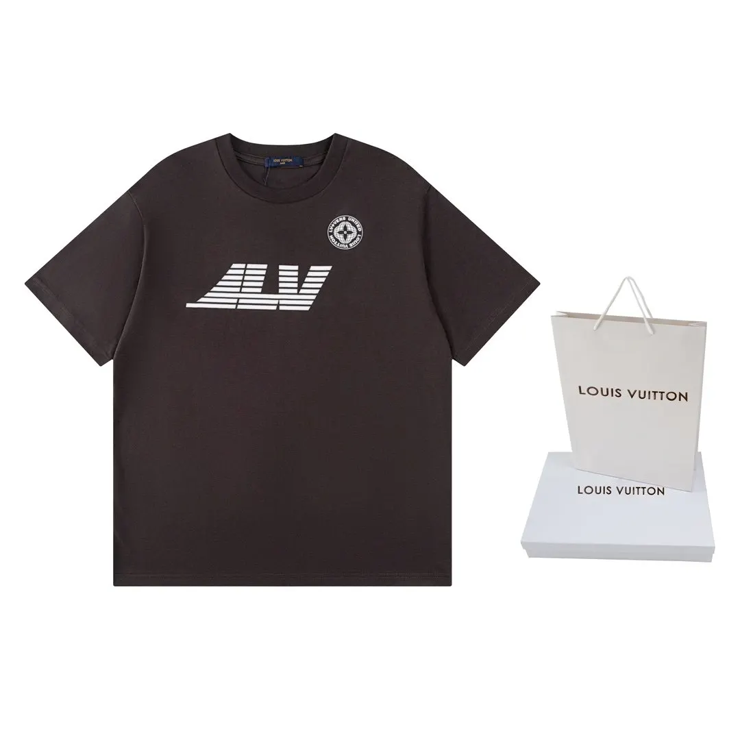 LV Brown Print Cotton Short Sleeve T-Shirt Casual Versatile Style