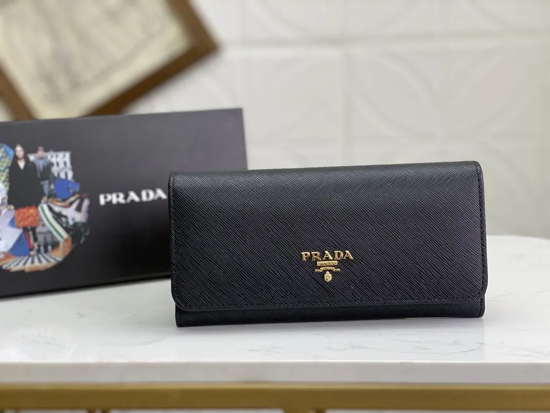 PRADA 金色 Saffiano十字纹牛皮 錢包 实用长夹款