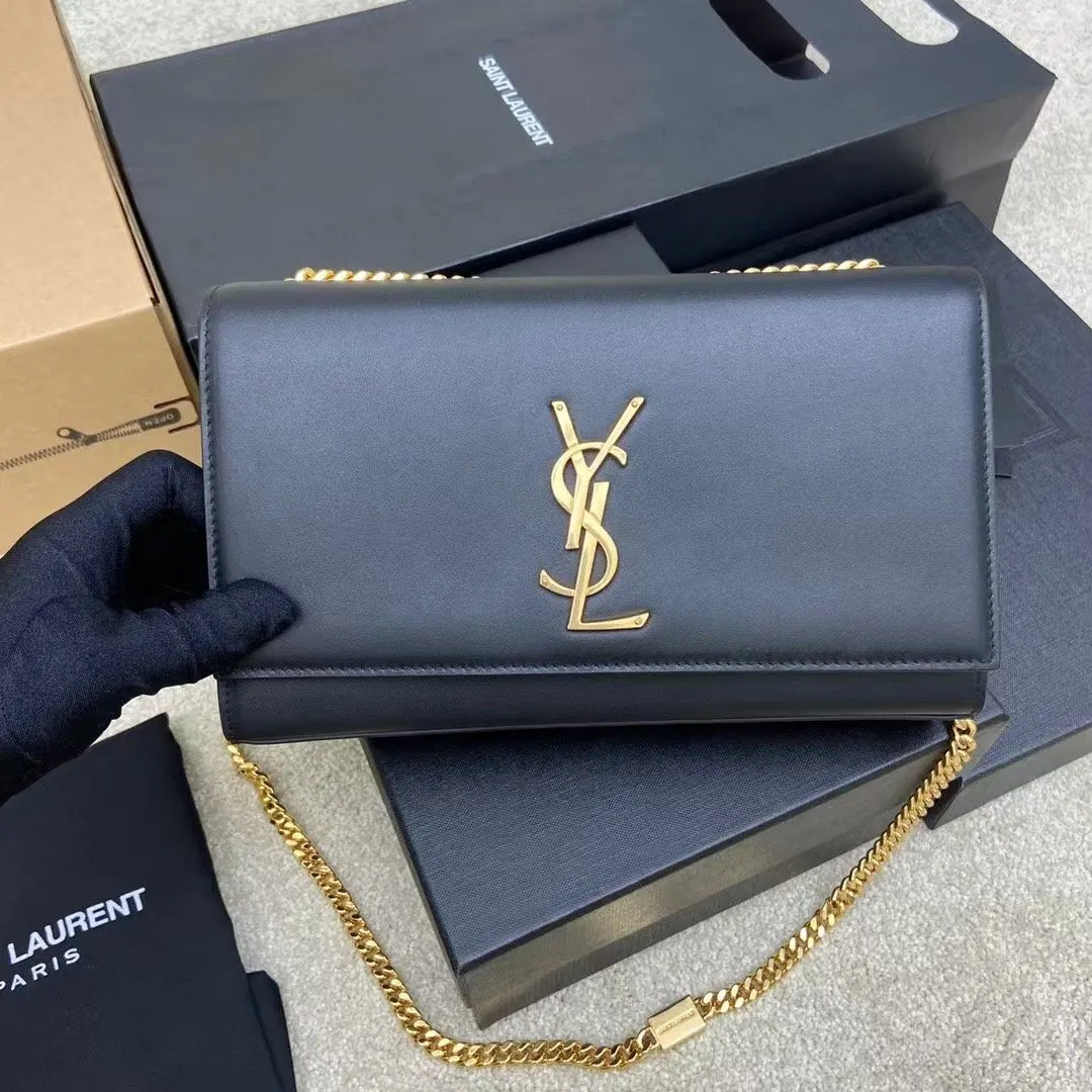 黑色 牛皮 黑色平纹 金 Y家最经典的款式Kate链条 链条包 精致链条款