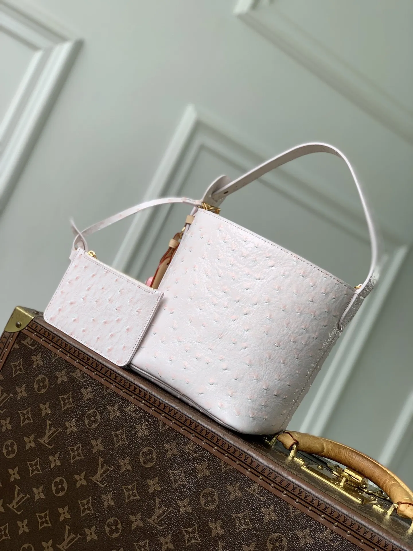 LV 粉色 金色 帆布 粉色 鸵鸟纹 All ln BB 水桶包 休閒水桶款