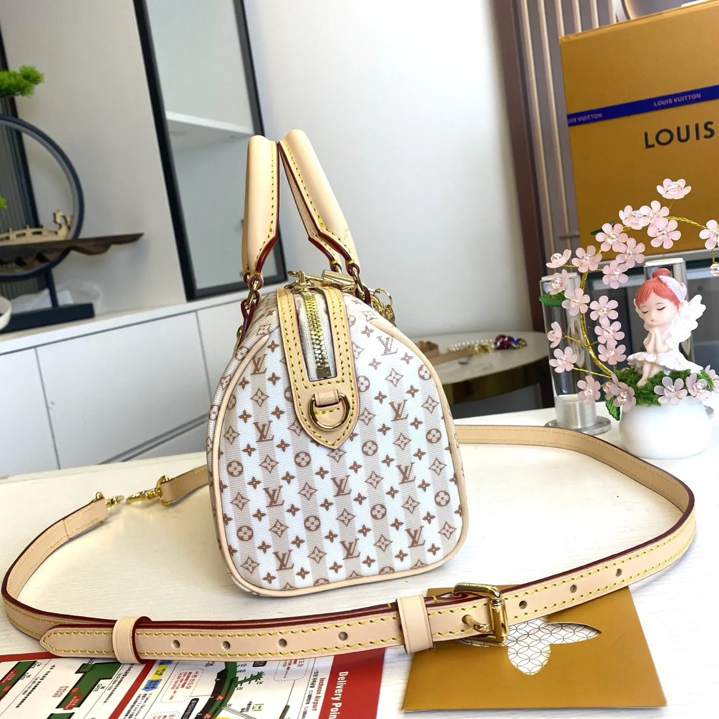 LV Speedy 蓝色 米色 帆布 链条包 精致链条款