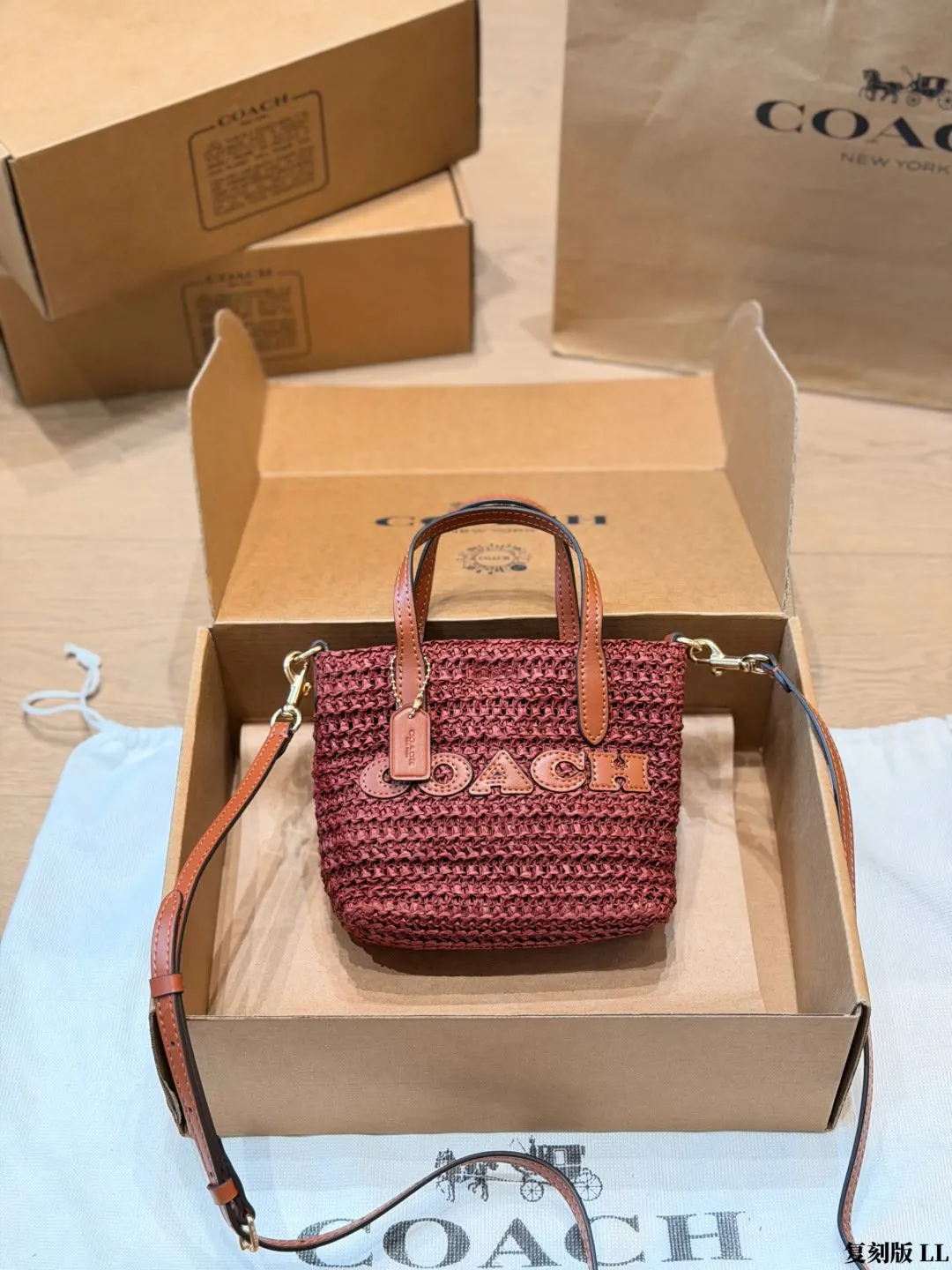 Coach 棕色 紅色 皮革 托特包 大容量托特款