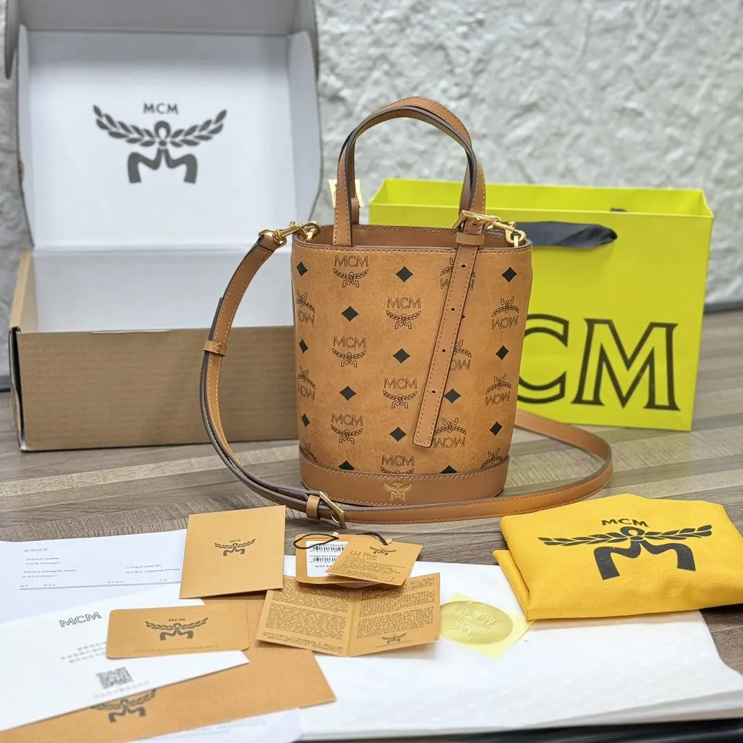 老花 皮革 MCM 小水桶 全套 爆 款水桶包 时 休閒水桶款