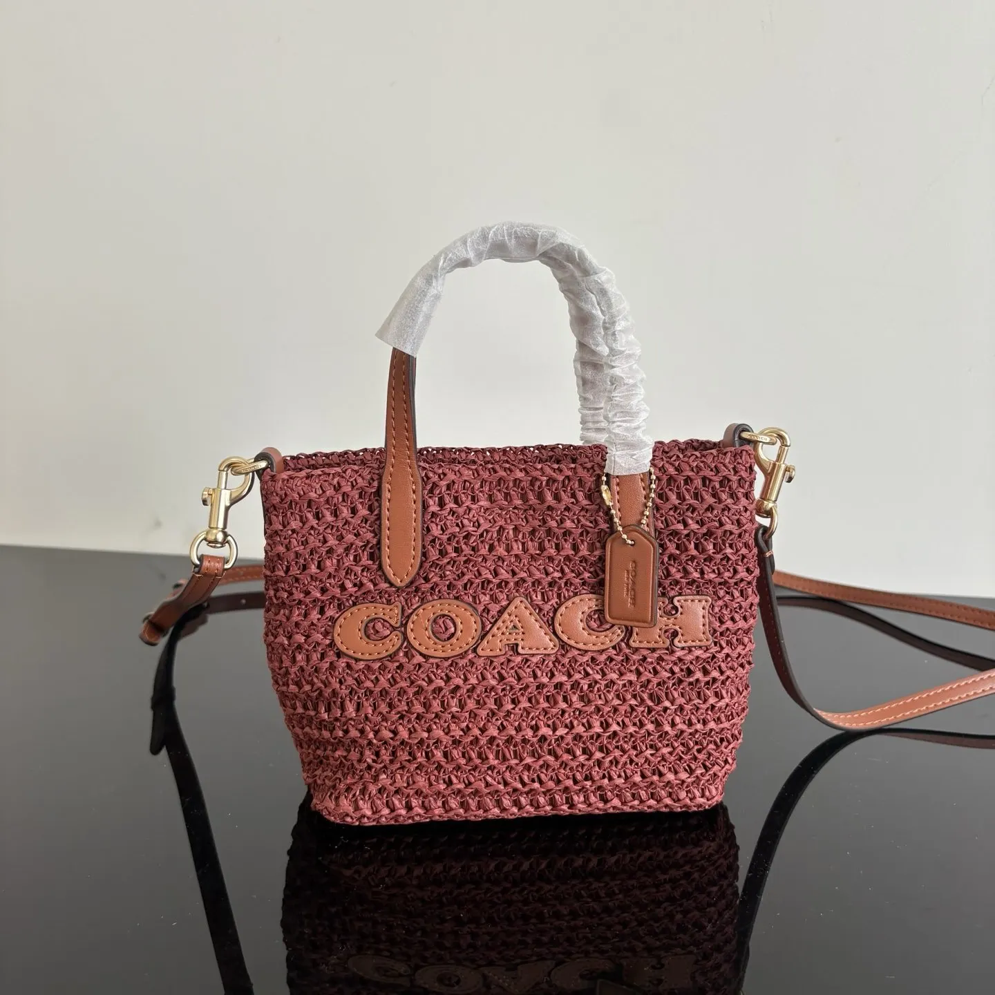 Coach 棕色 紅色 皮革 托特包 大容量托特款