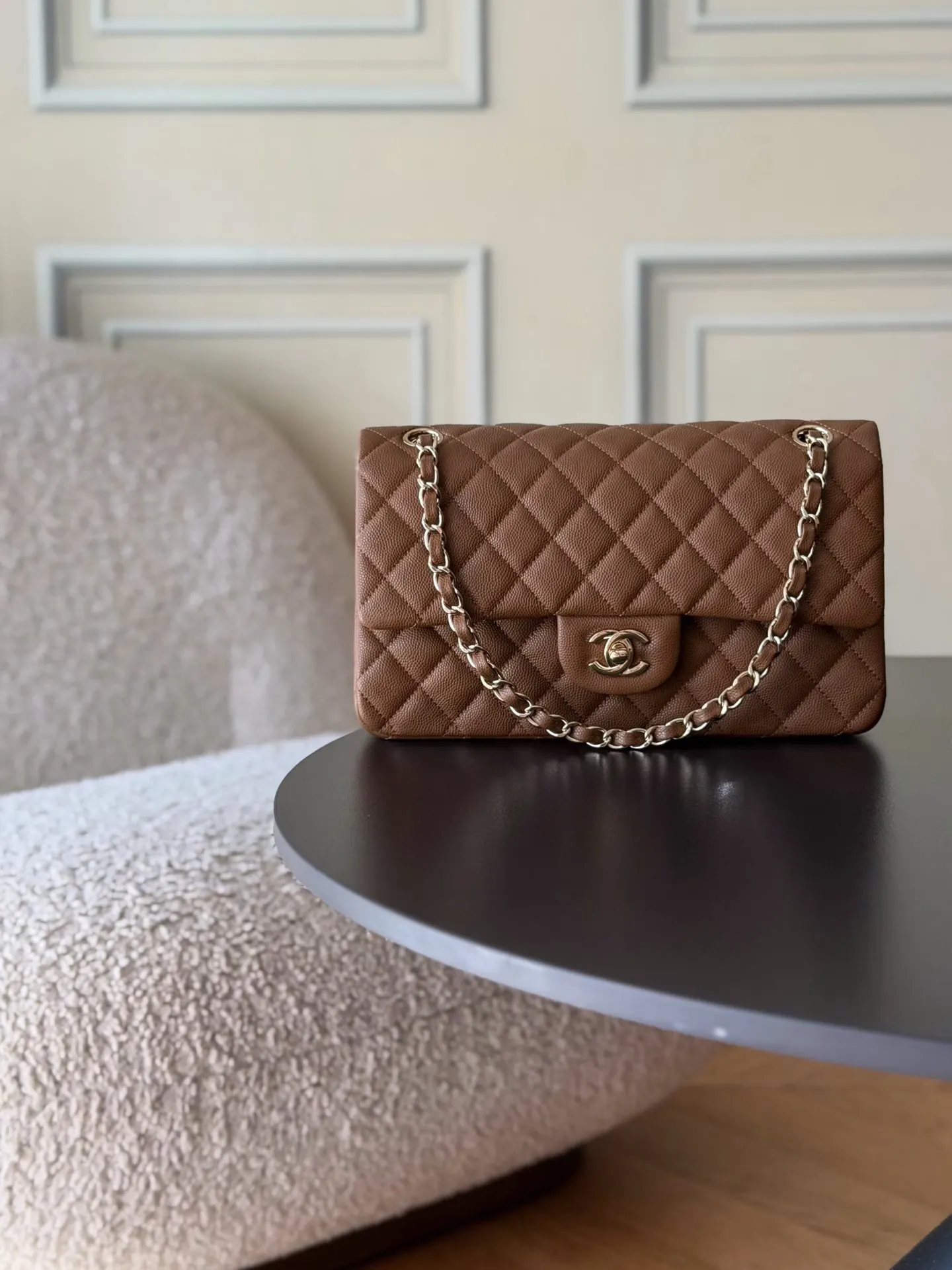 CHANEL 棕色牛皮菱格鏈條包 單肩斜挎款