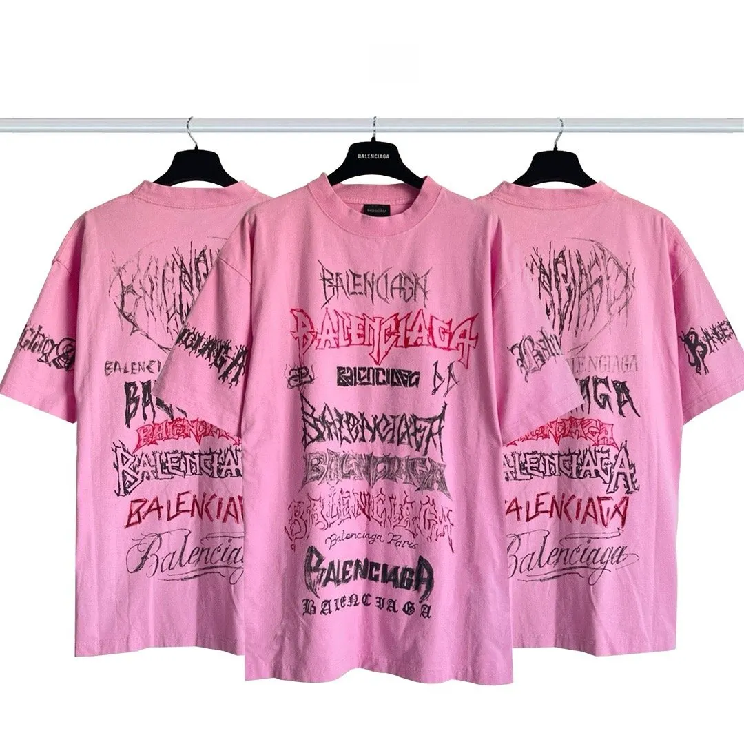 Balenciaga Pink Logo Print Short Sleeve T-Shirt Street Casual Style