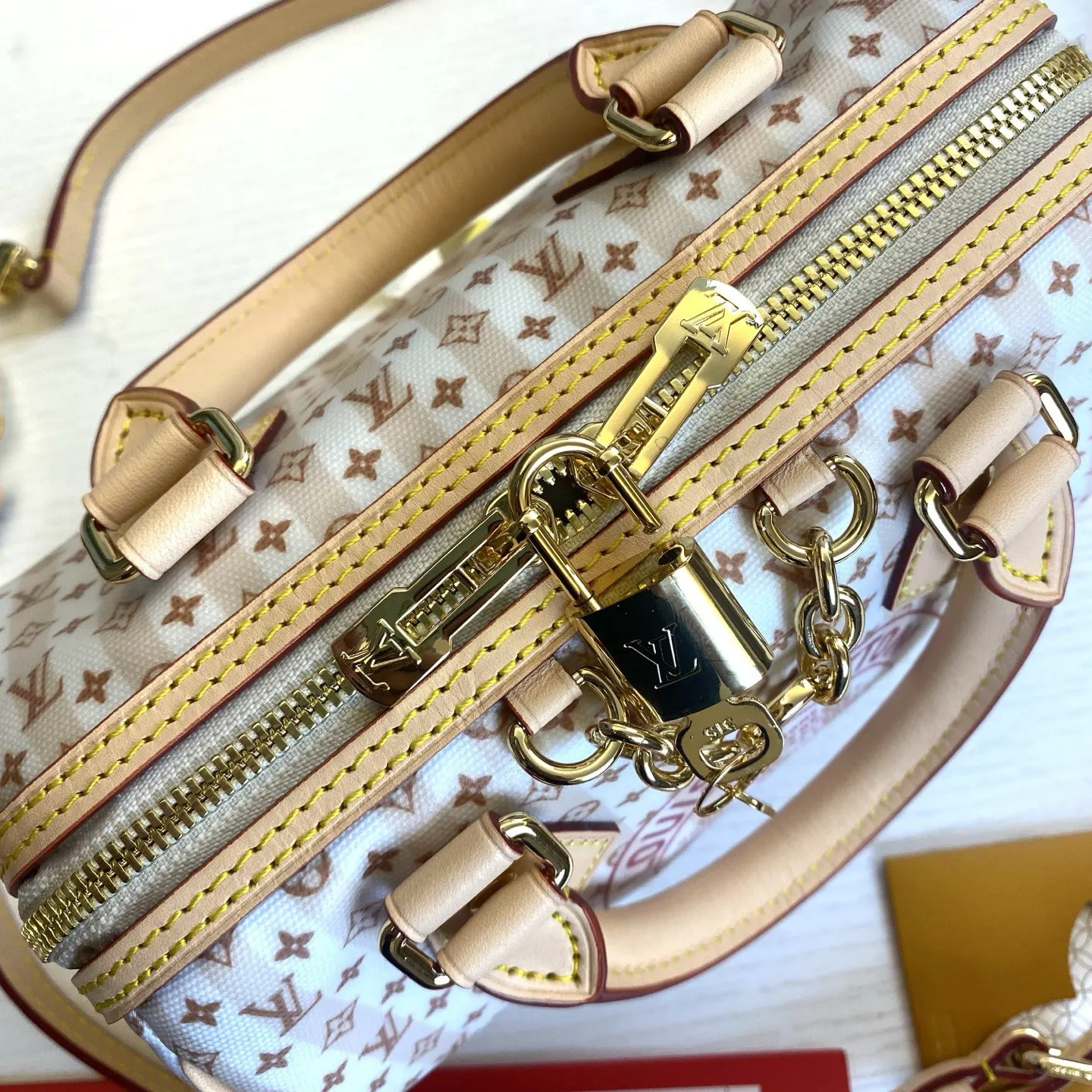 LV Speedy 蓝色 米色 帆布 链条包 精致链条款