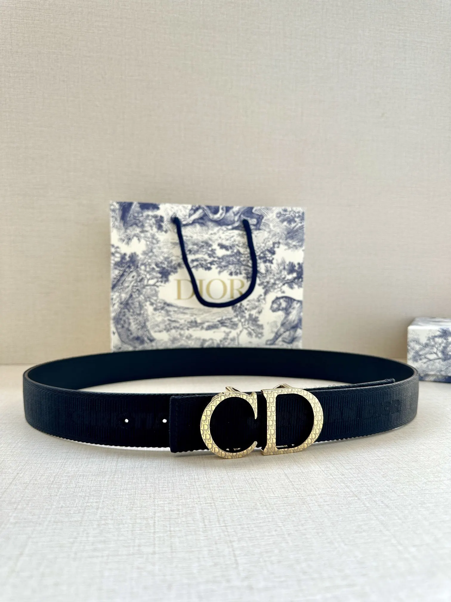 Dior 黑色Oblique腰帶 金扣细版款