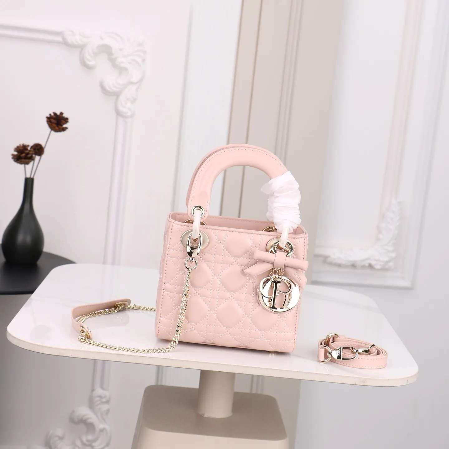 Dior Lady Dior 粉色羊皮手提斜背包 迷你款