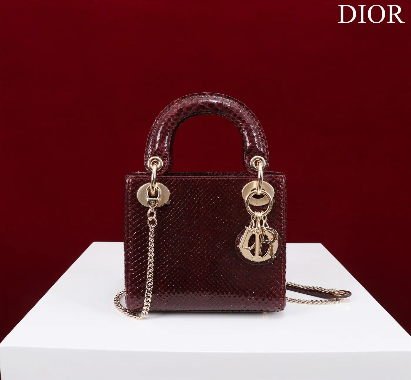 Dior Lady Dior 酒紅色藤格紋手提斜背包 金扣款