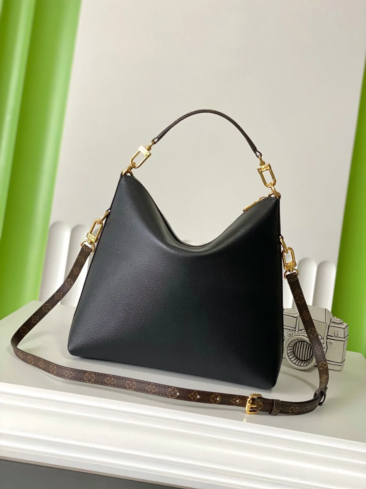 Black Monogram Hobo Shoulder Bag Vintage Leather