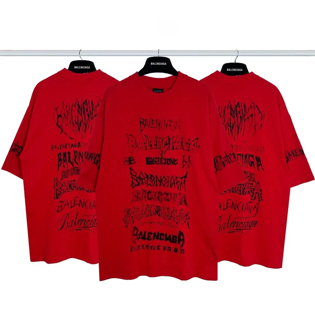 Balenciaga Red Logo Print Short Sleeve T-Shirt Street Casual Style