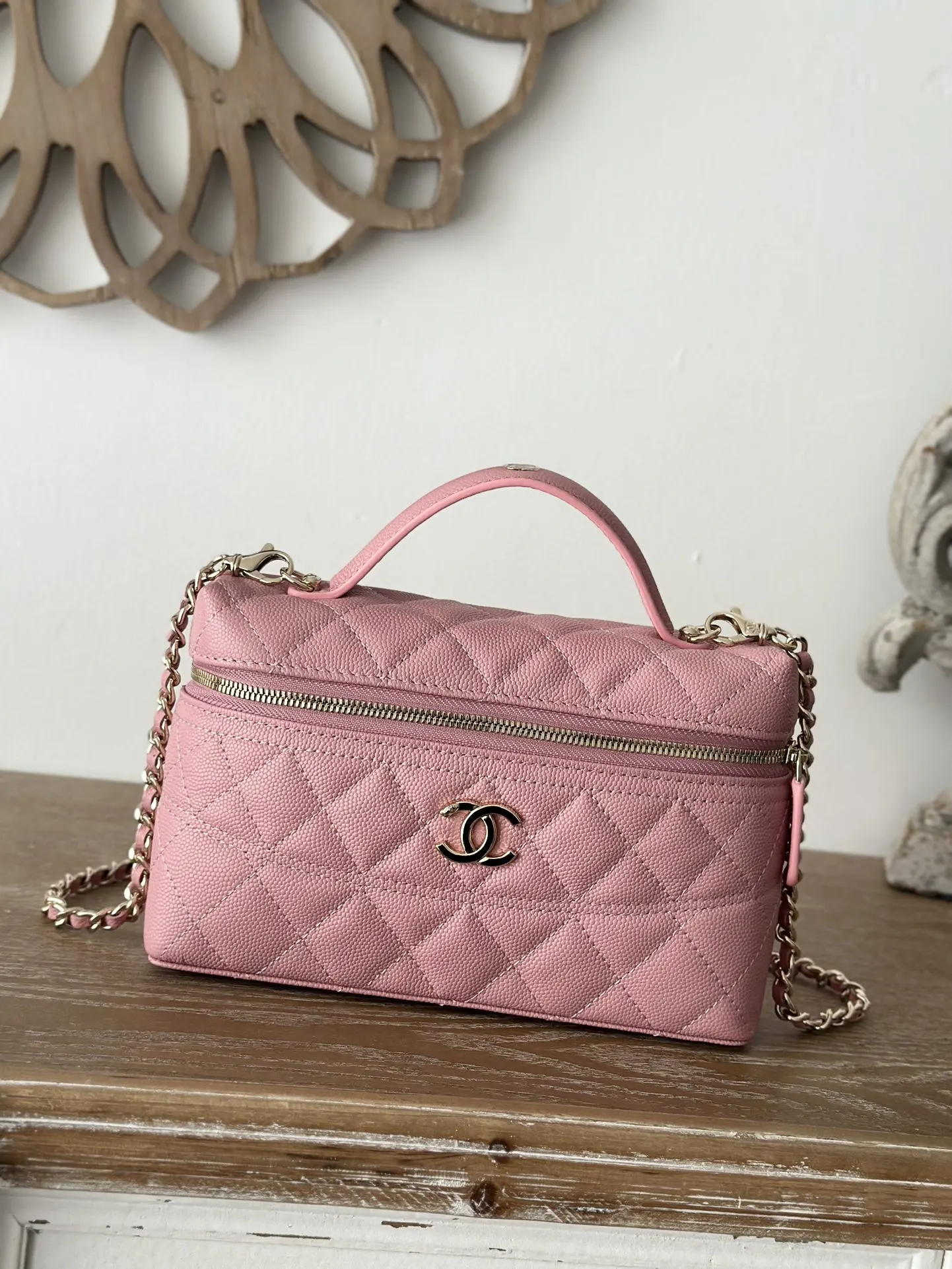 Pink Gold Chain Bag Leather