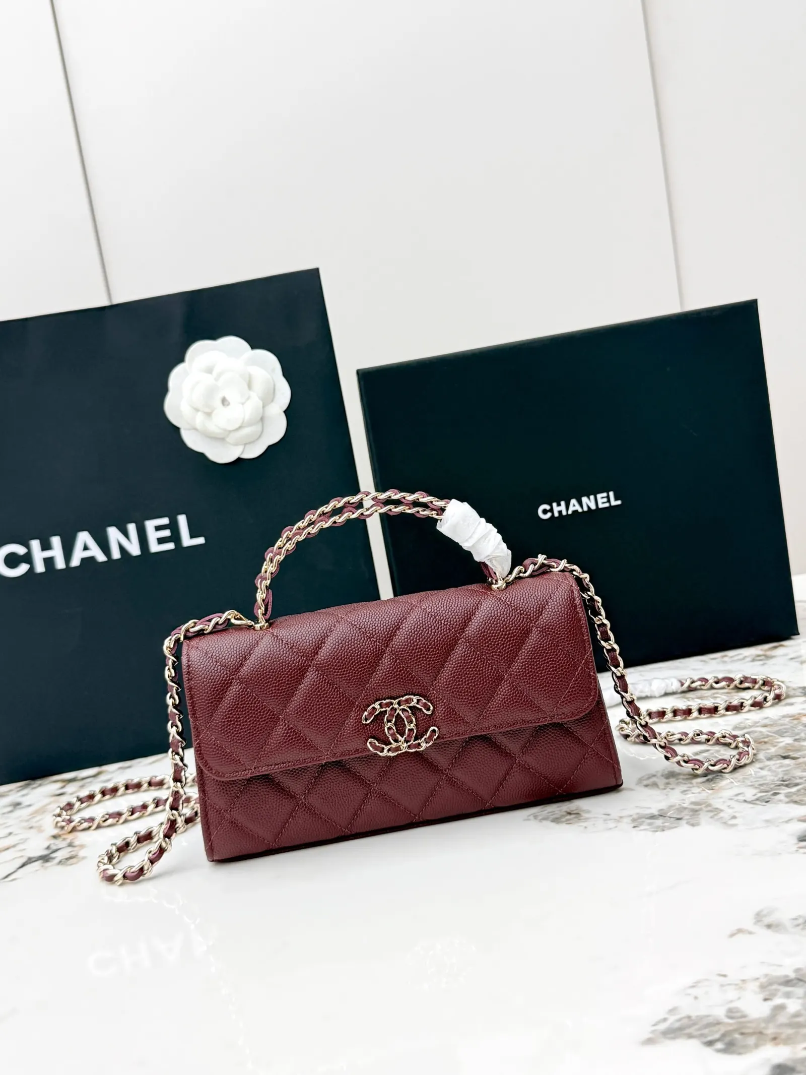 CHANEL 酒紅色牛皮Kelly手提包 金链斜挎款