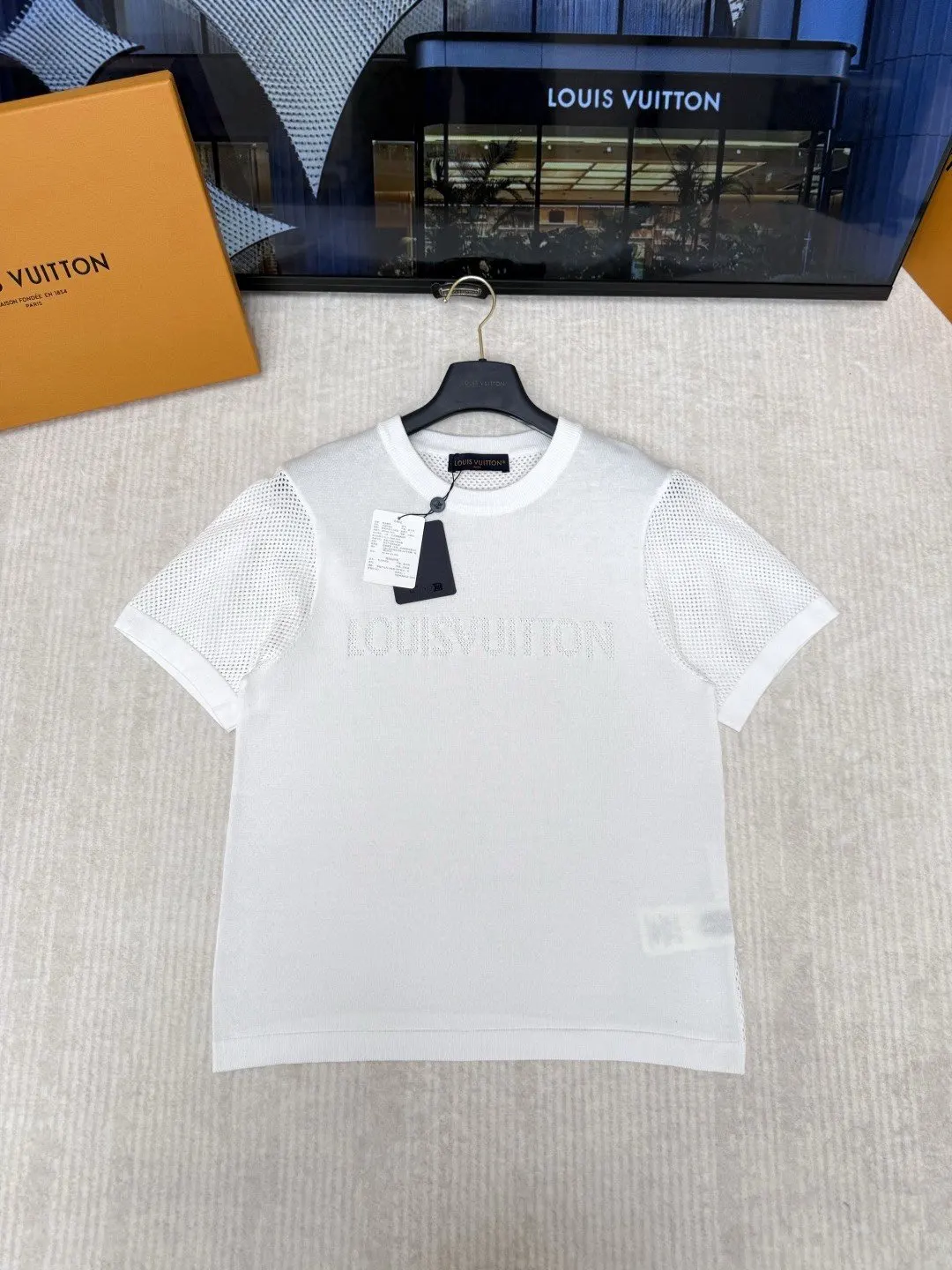 LV White Letter Jacquard Short Sleeve T-Shirt Casual Versatile