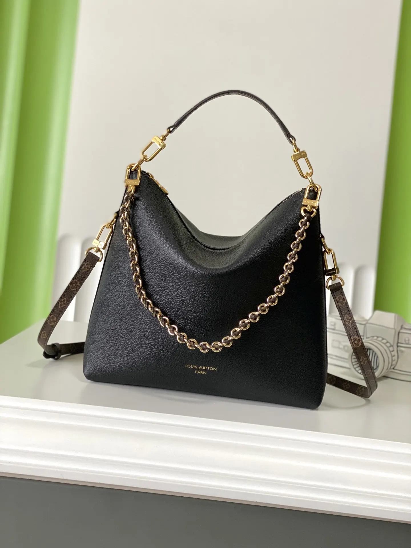 Black Monogram Hobo Shoulder Bag Vintage Leather