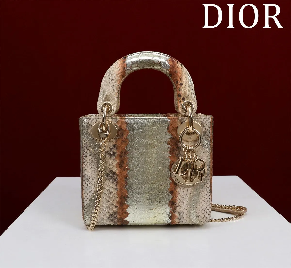 Dior Lady Dior 金色藤格紋手提斜背包 迷你款