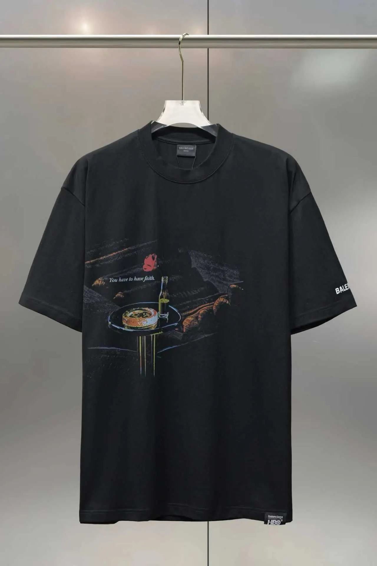 Balenciaga Black Cotton Logo Short Sleeve T-Shirt Loose Casual