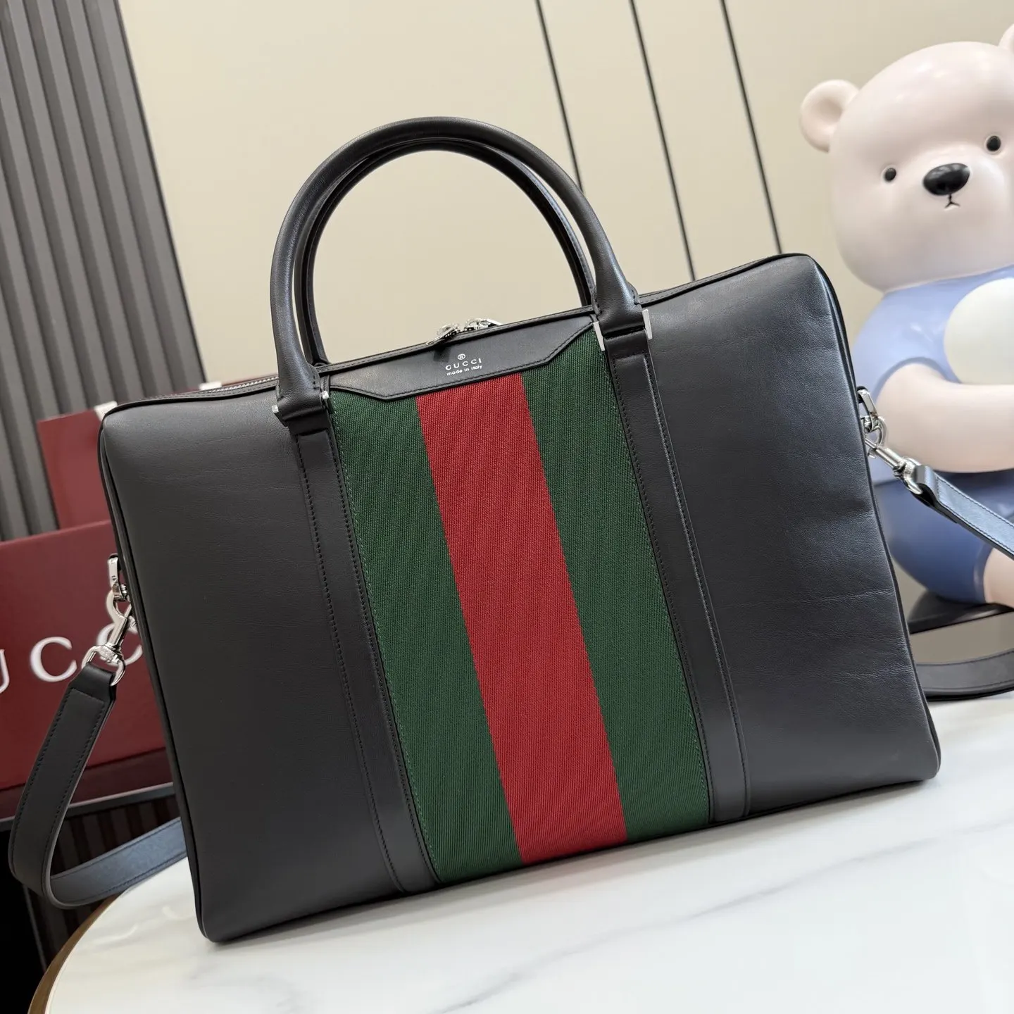 Gucci Black Silver Briefcase Business Commuter Leather