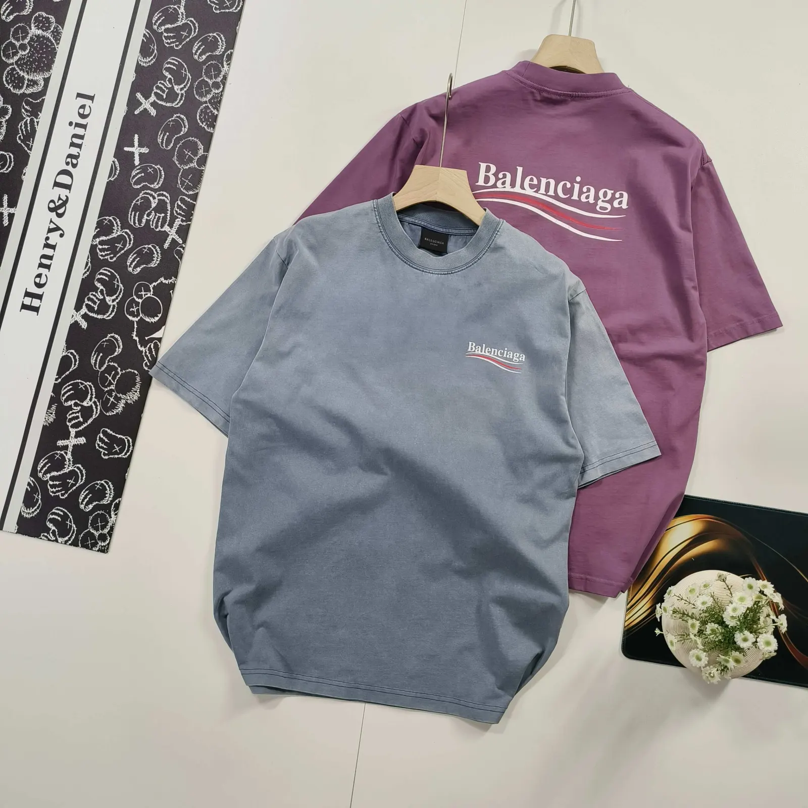Balenciaga Blue Cotton Logo Short Sleeve T-Shirt Street Casu