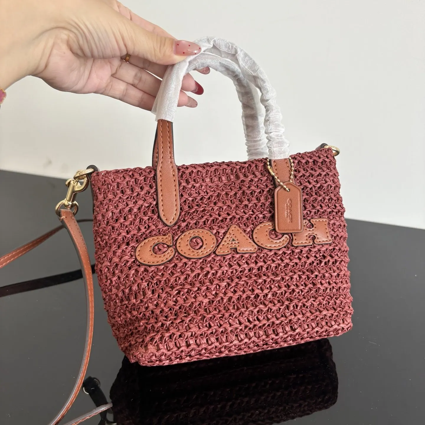 Coach 棕色 紅色 皮革 托特包 大容量托特款