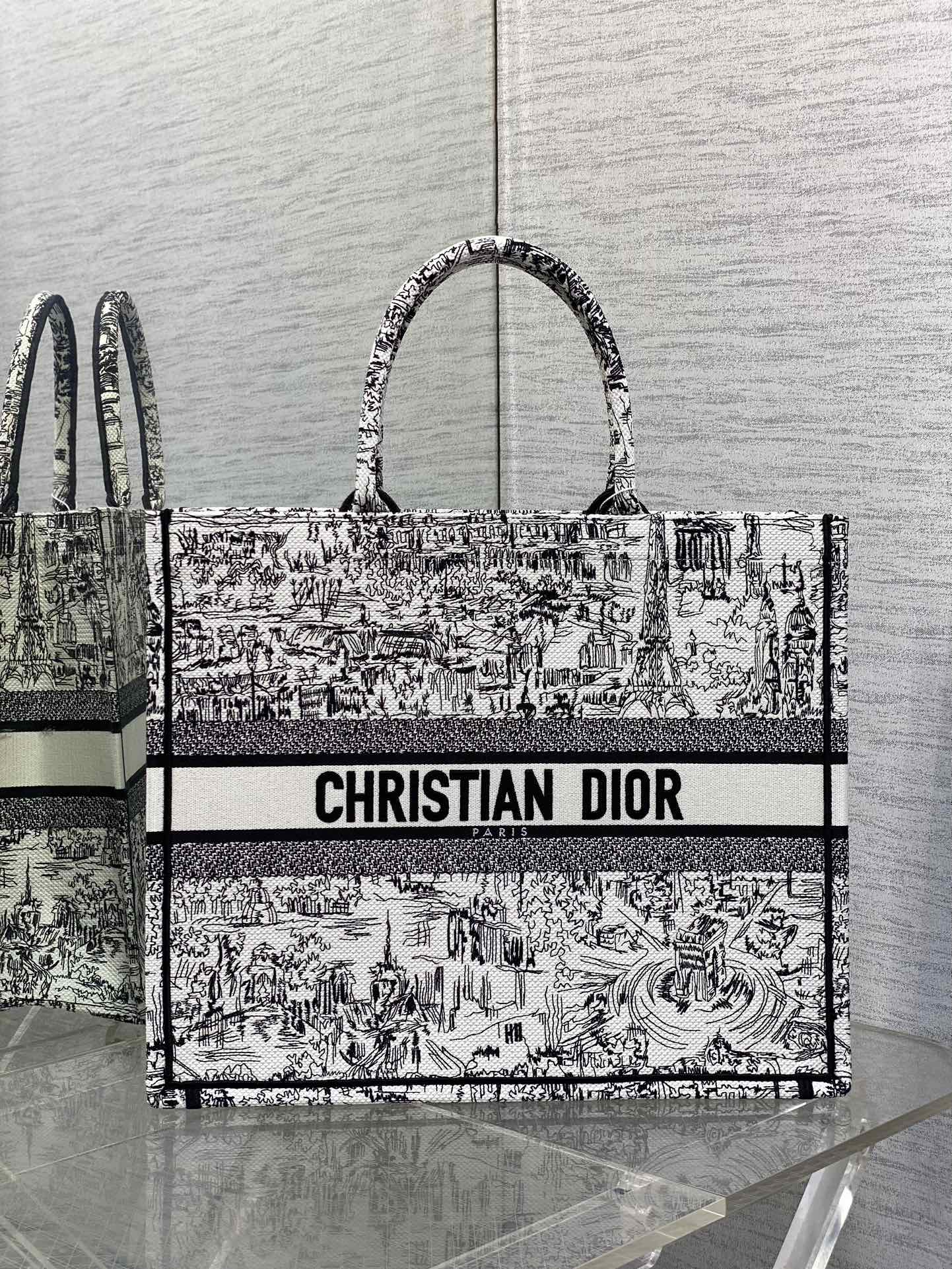 Dior 黑色 白色 Dⅰor 进口 刺繡购物袋 Tote最新巴黎街景系 托特包 大容量托特款