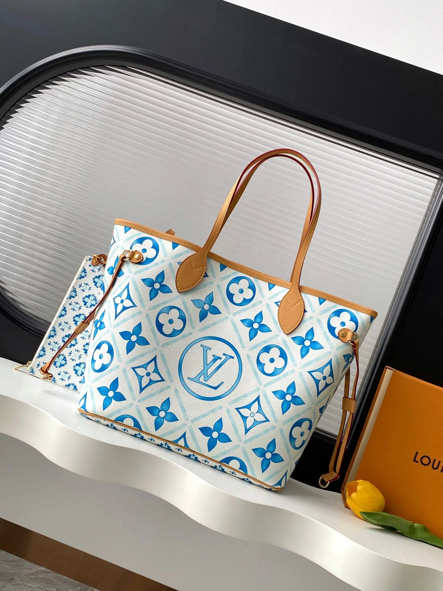LV Neverfull 藍色 紅色 帆布 托特包 大容量托特款