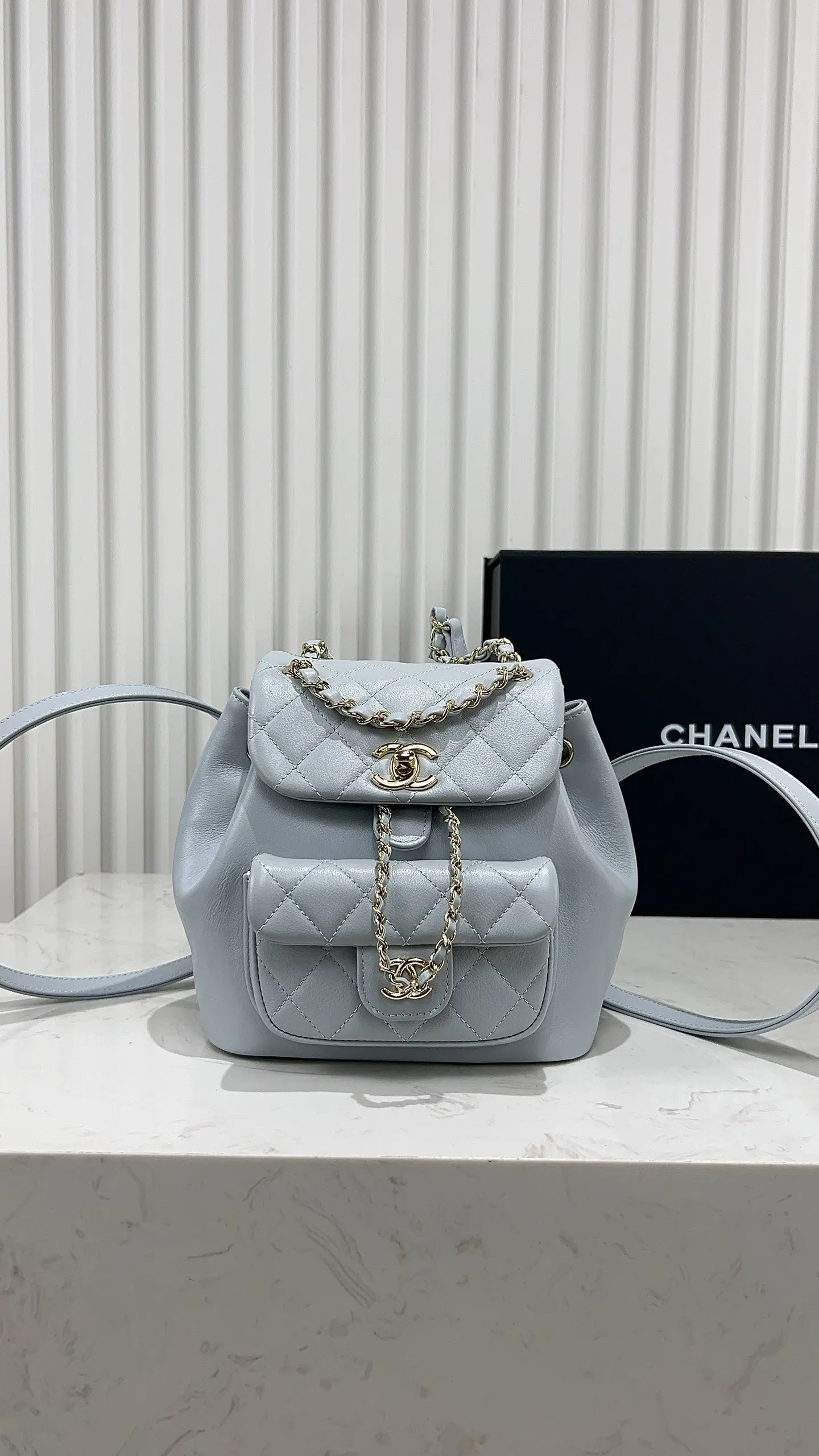 CHANEL 藍色 小牛皮 雙肩包 实用雙肩款