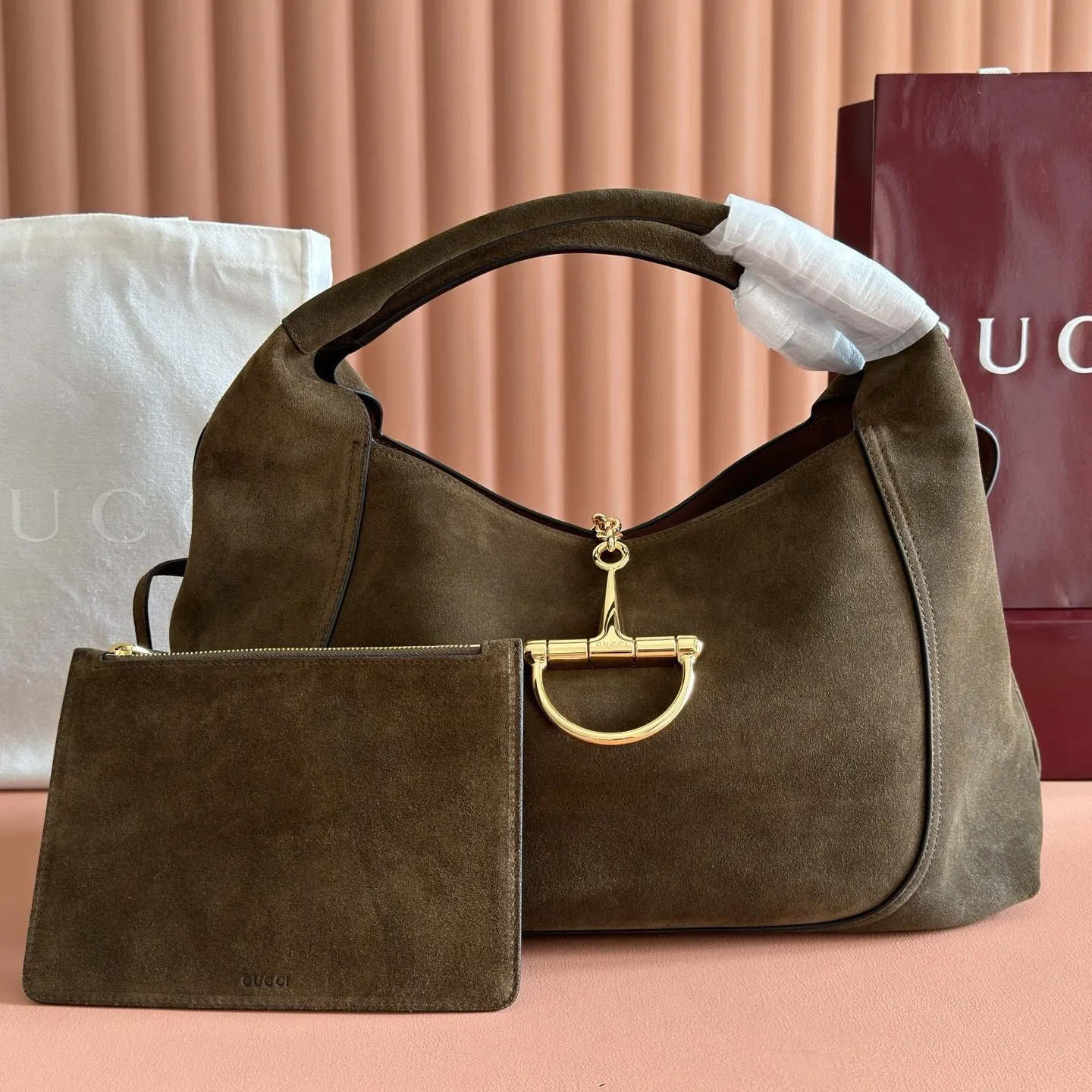 Gucci 棕色 綠色 牛皮 手拿包 精致手拿款