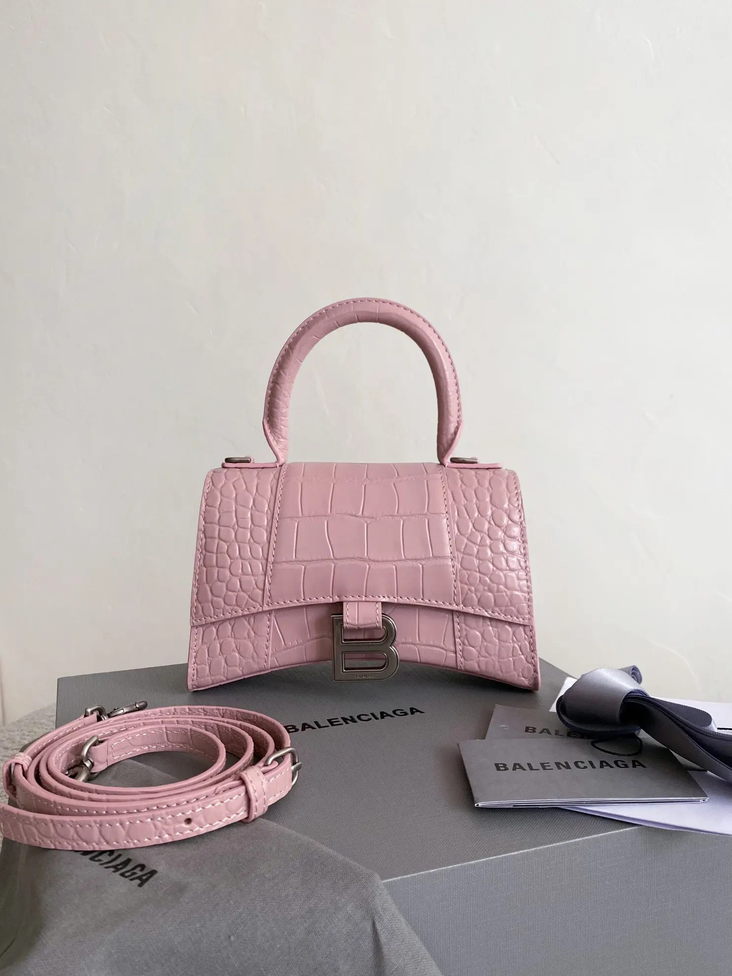 Balenciaga Hourglass 粉色 鳄鱼纹 手提包 經典手提款