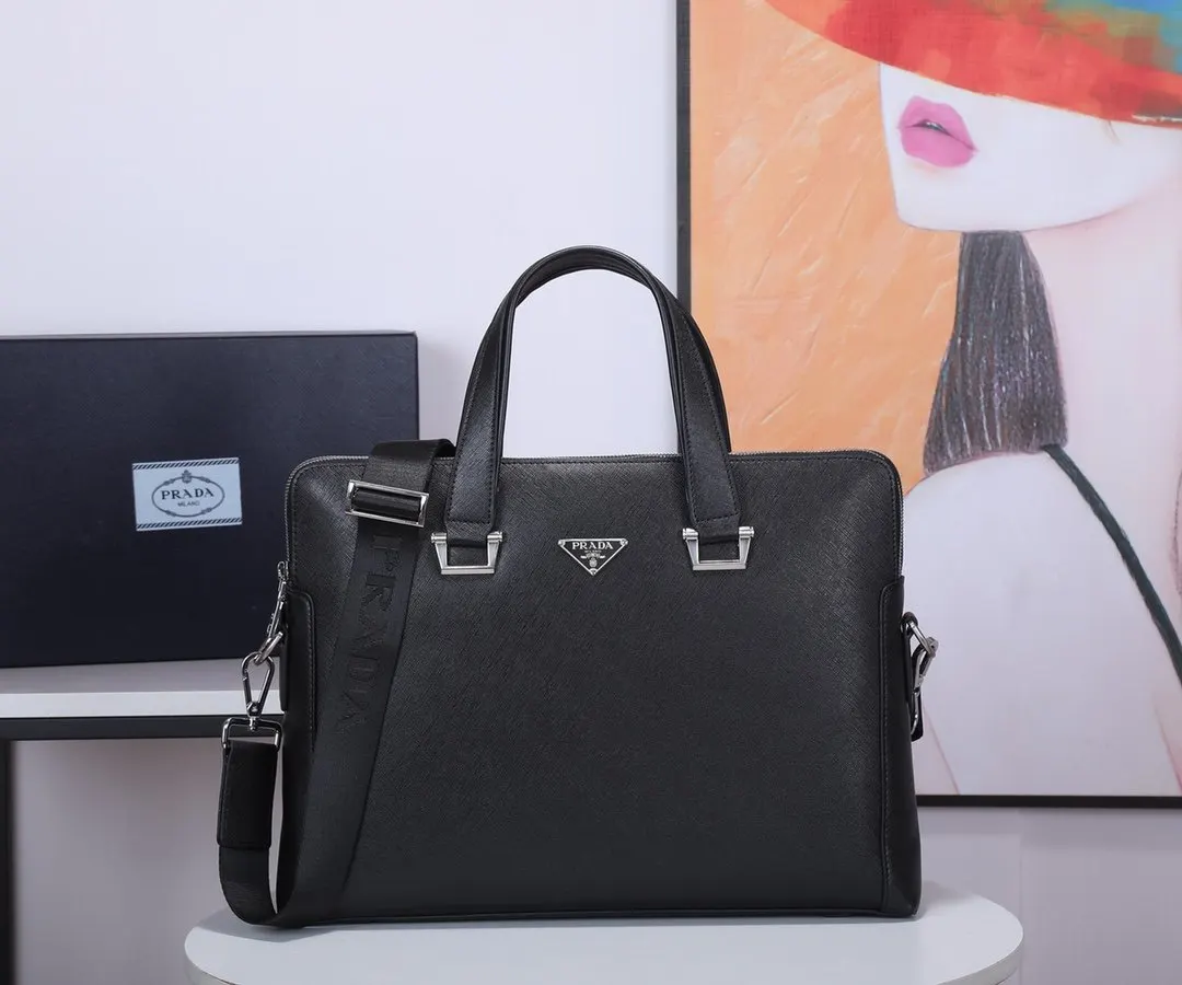Prada 黑色 藍色 牛皮 公文包 商務通勤款