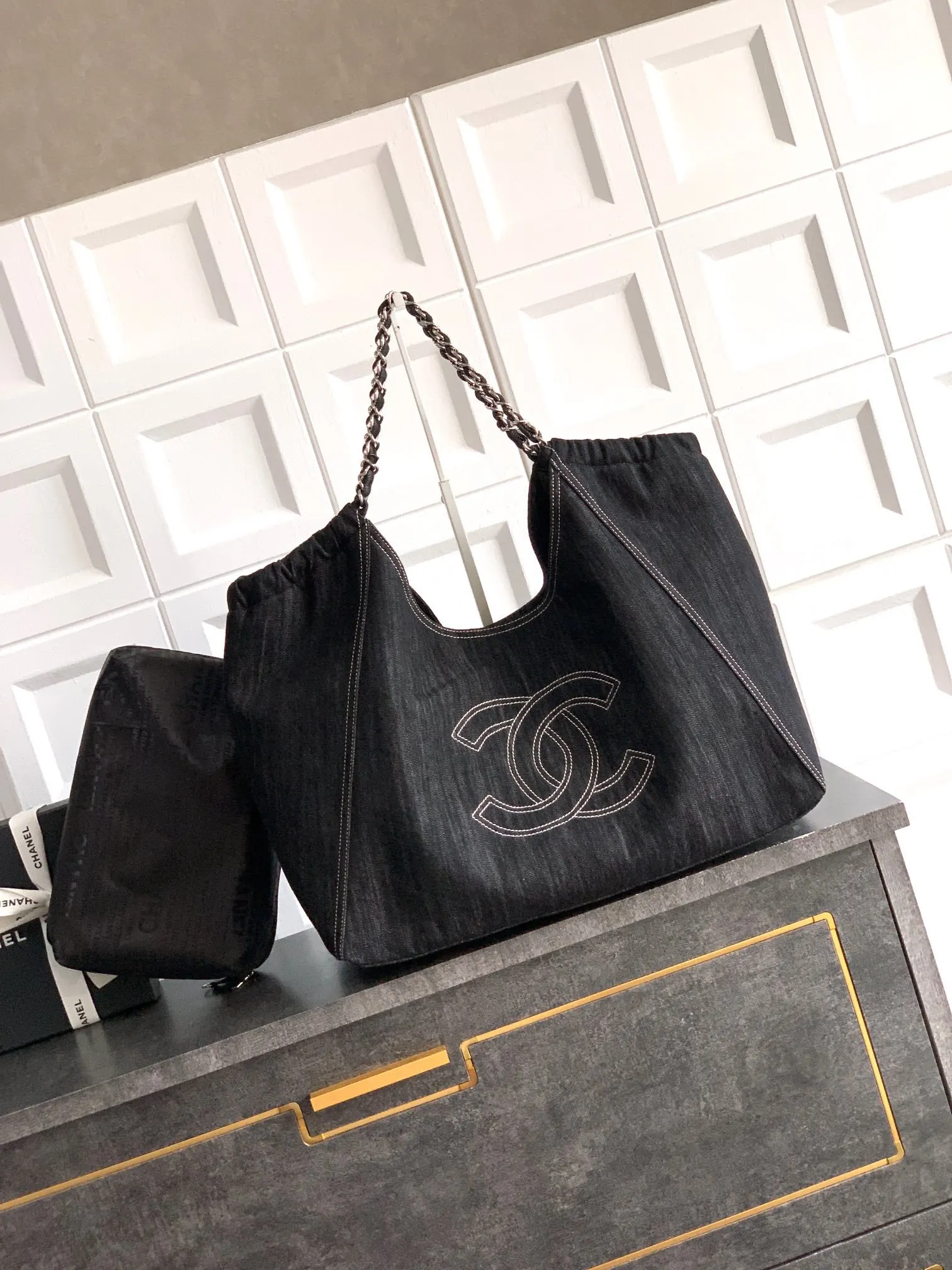 CHANEL 黑色 牛仔 羊皮 托特包 大容量托特款