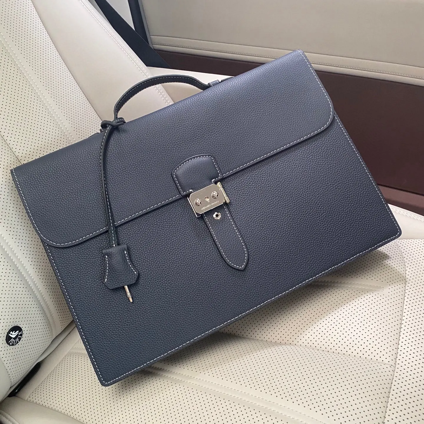 Hermes 黑色 蓝色 小牛皮 公文包 商务通勤款