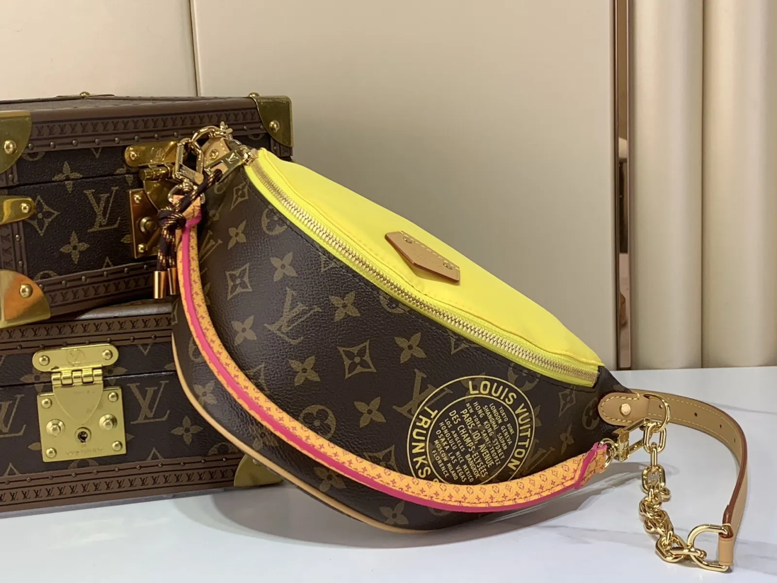 LV 老花 黄色 帆布 腰包 休闲腰包款