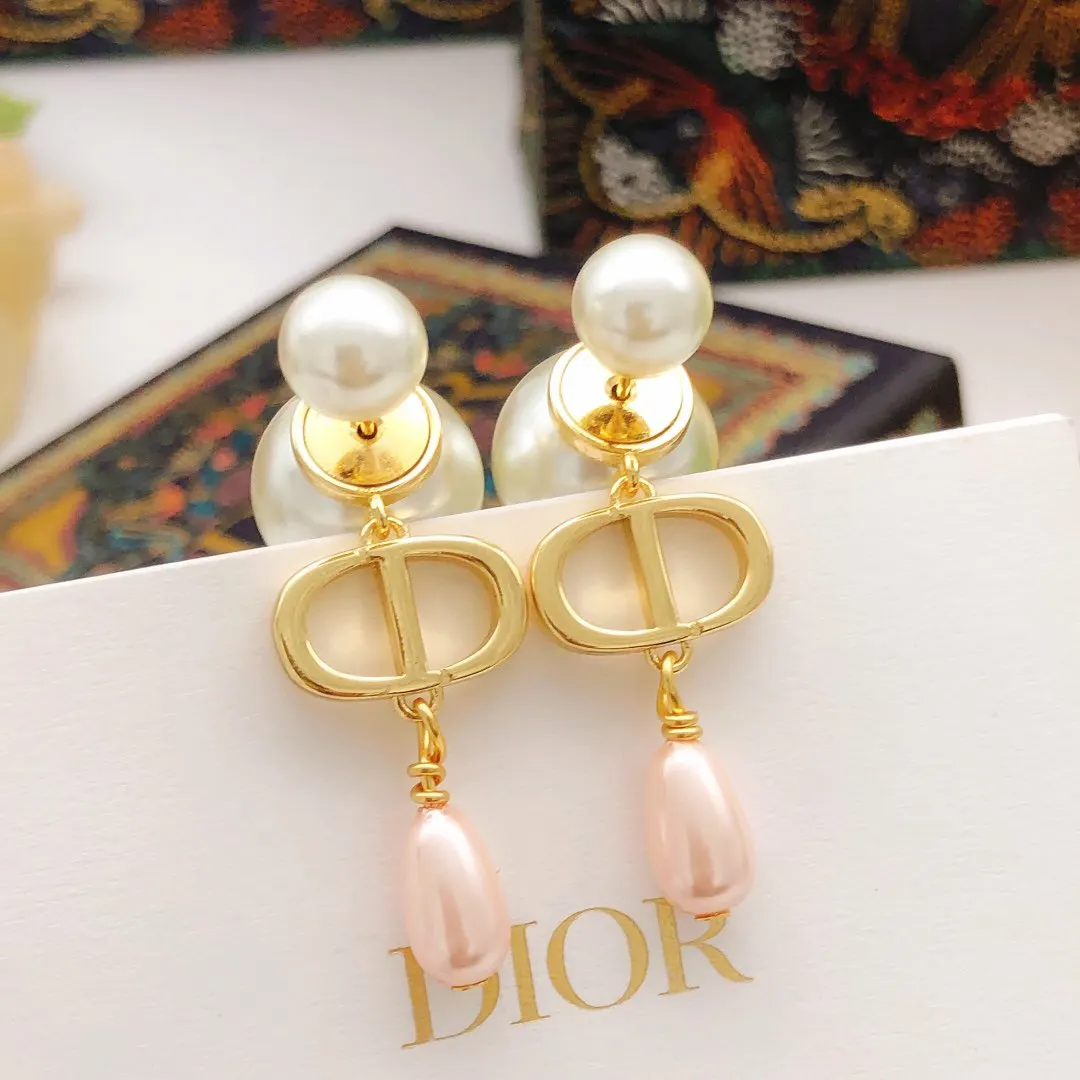 Dior 金色CD珍珠耳環 粉色吊墜配飾款