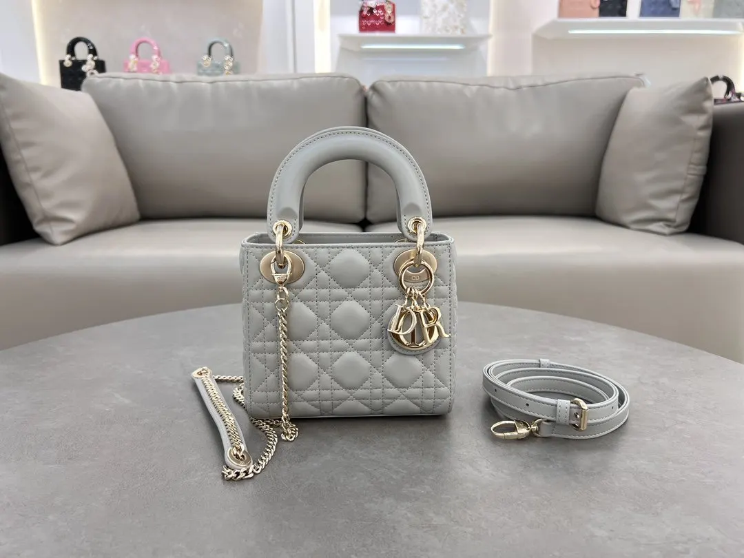Dior Lady Dior 銀灰色羊皮手提斜背包 小號款