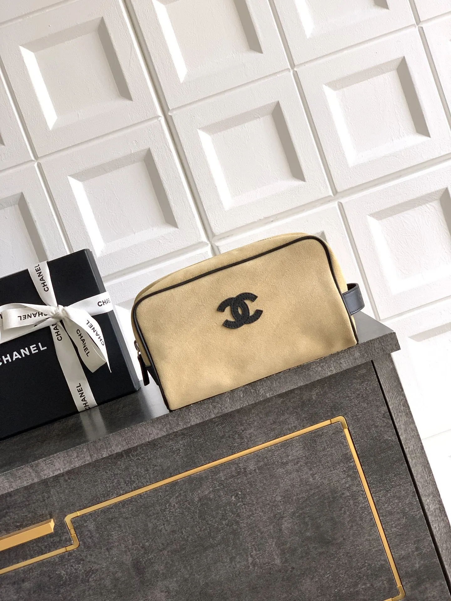 CHANEL 黑色 米色 麂皮 腋下包 復古腋下背款