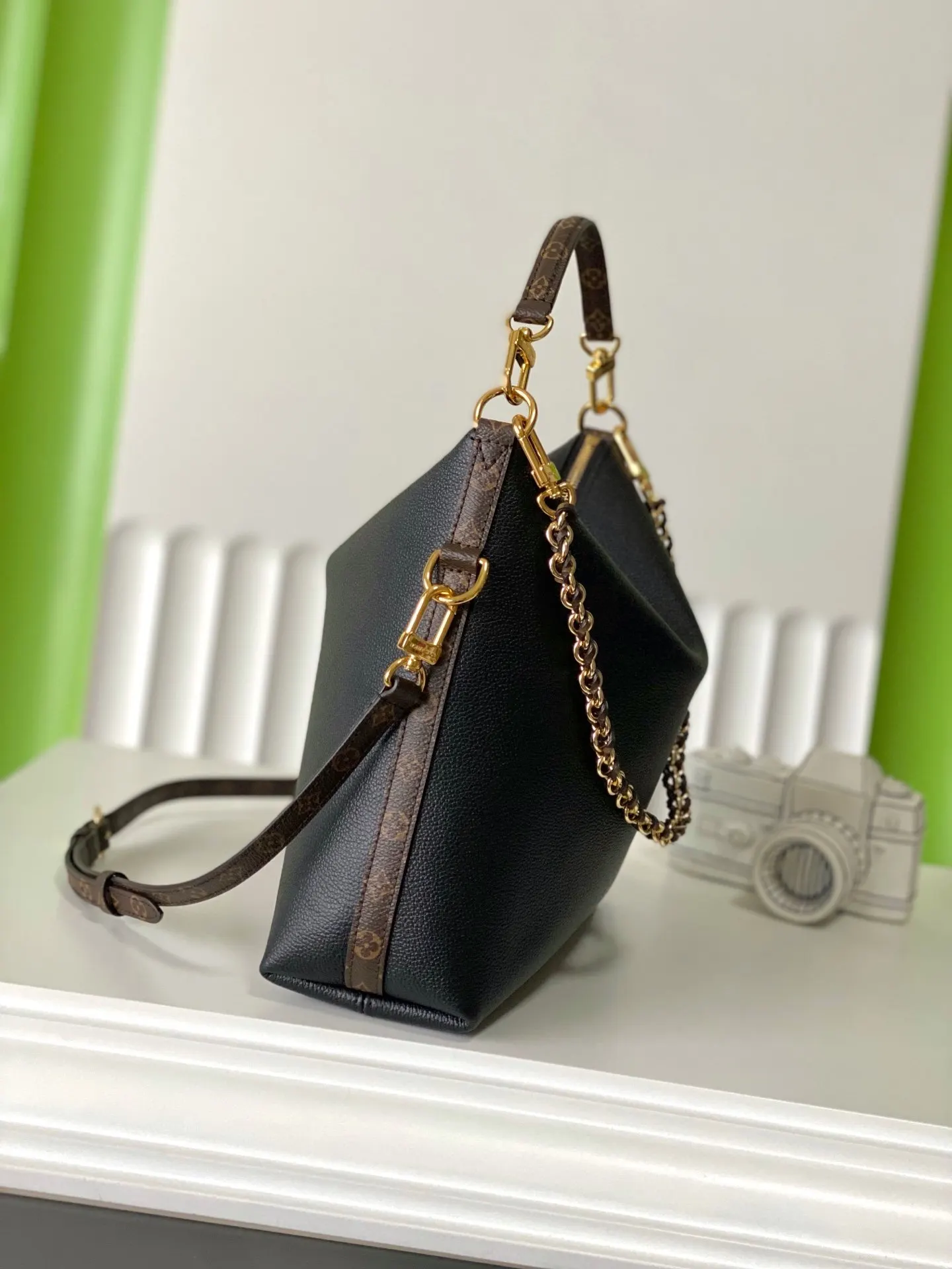 Black Monogram Hobo Shoulder Bag Vintage Leather