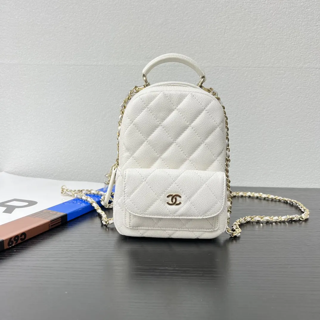 CHANEL 白色牛皮翻蓋鏈條包 金扣款