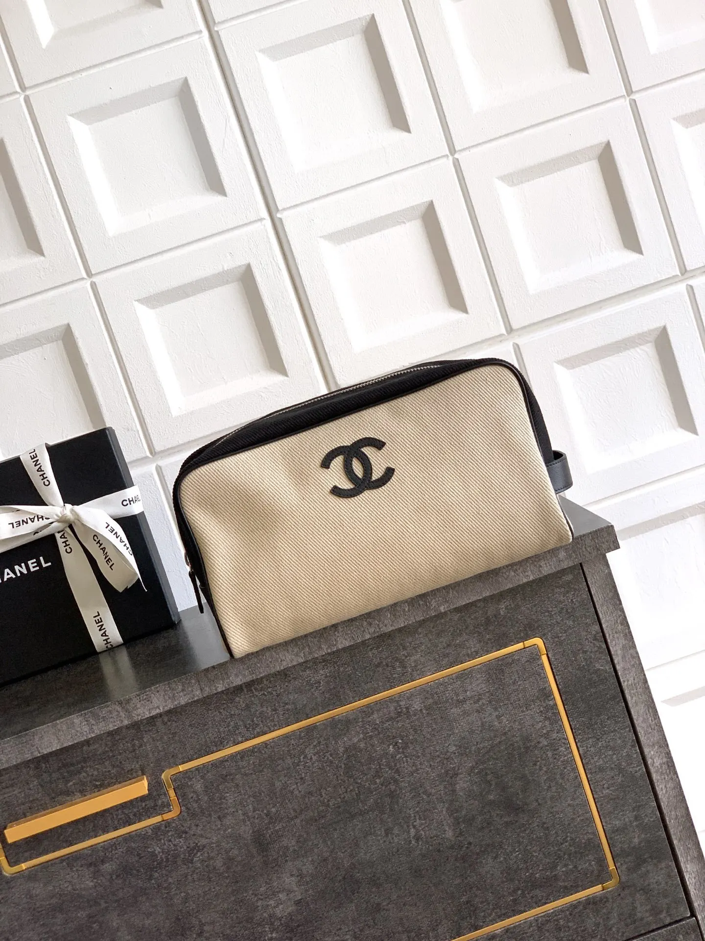 CHANEL 黑色 杏色 帆布 腋下包 復古腋下背款