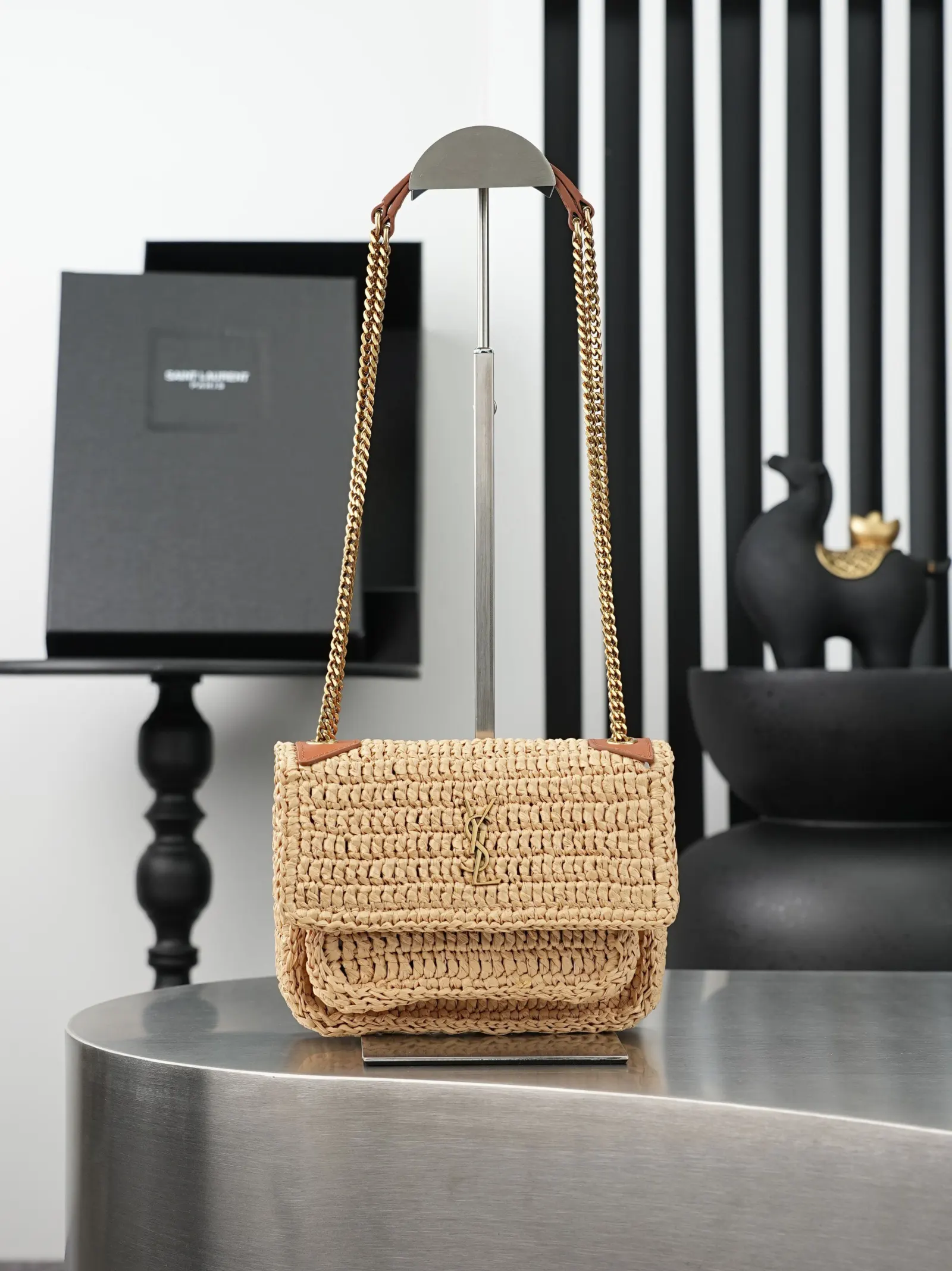 YSL 棕色 牛皮 mini杏编织 金 Niki系列编织mi
