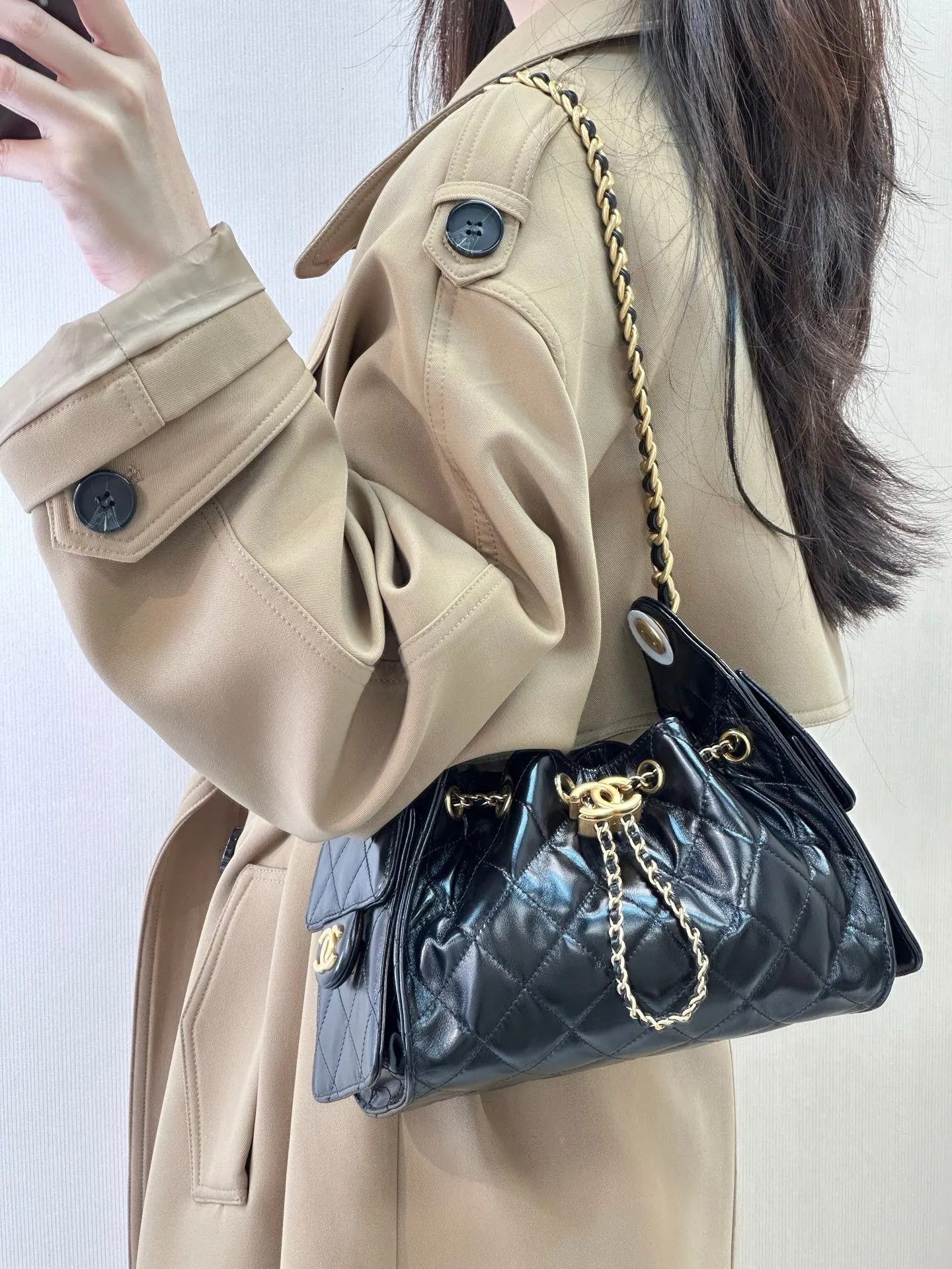CHANEL 黑色 白色 小牛皮 腋下包 復古腋下背款
