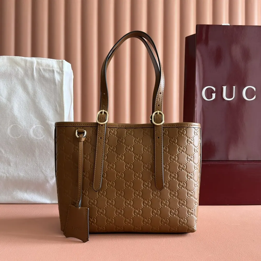 Gucci GG Emblem 棕色 粉色 皮革 托特包 大