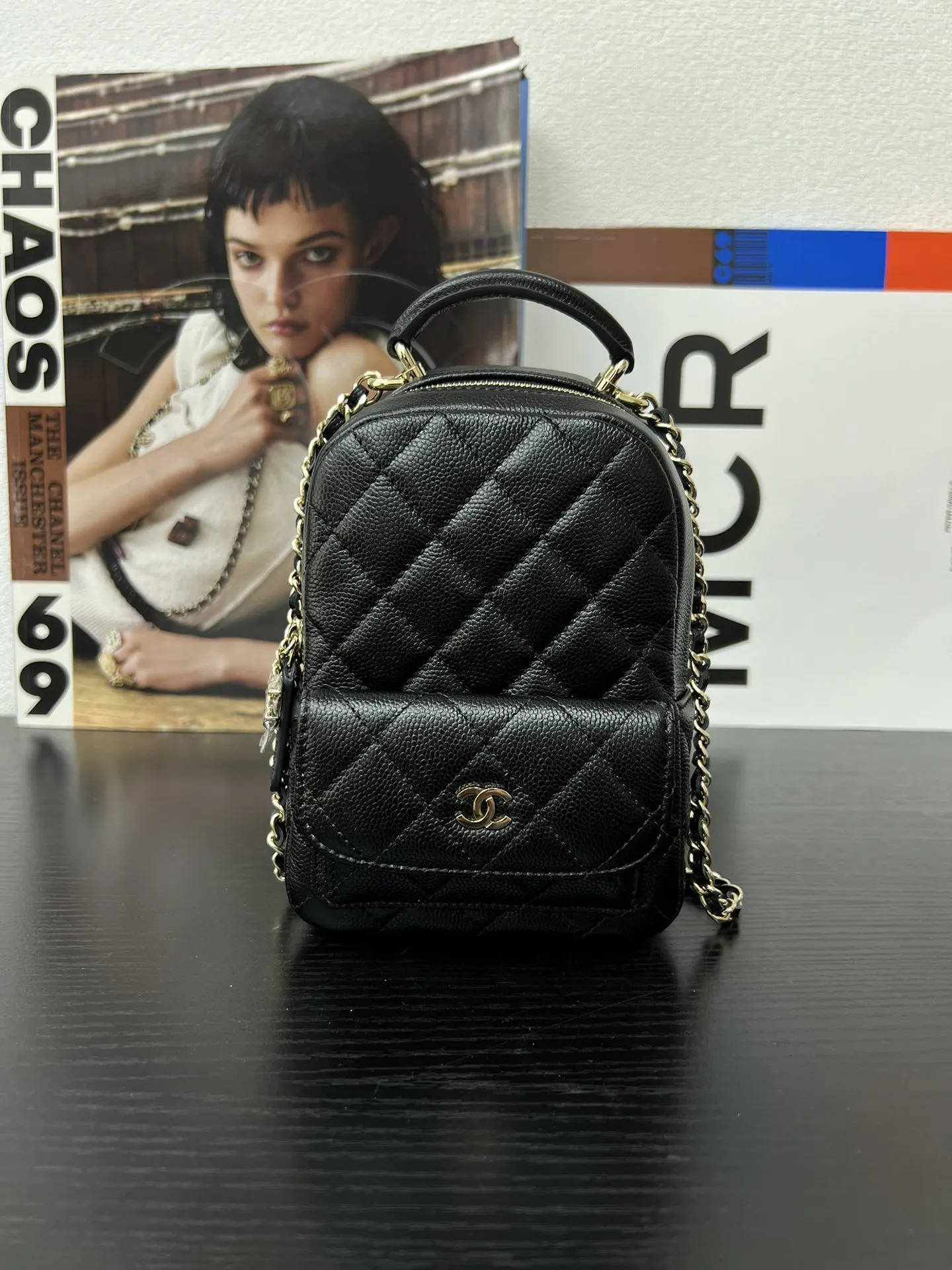 CHANEL 黑色牛皮鏈條雙肩包 復古通勤款